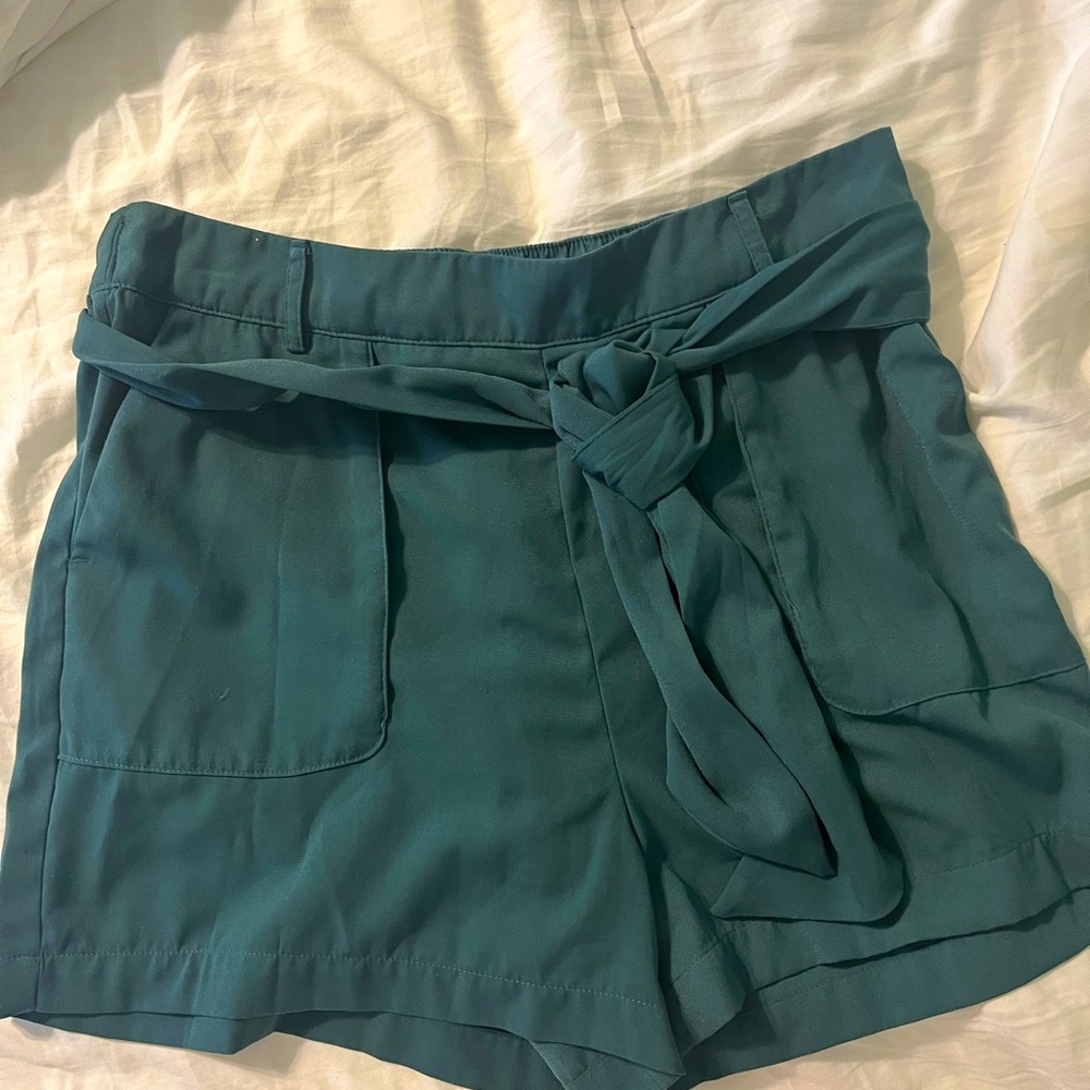 a new day teal satin effect shorts with removable tie belt in size large